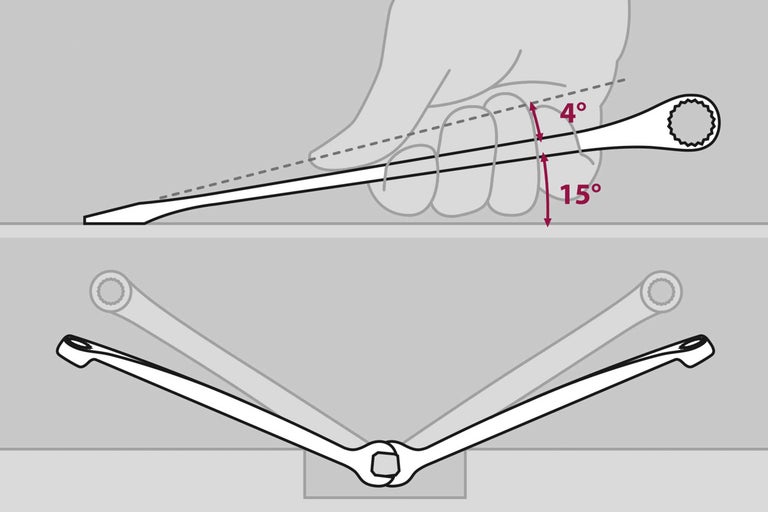 Darstellung eines Maulschlüssels mit einem Versatz von 15 Grad und einem Ringkopfversatz von 4 Grad