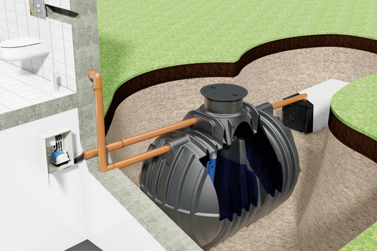 Illustration einer Kläranlage mit Tank, Filter und Rohren