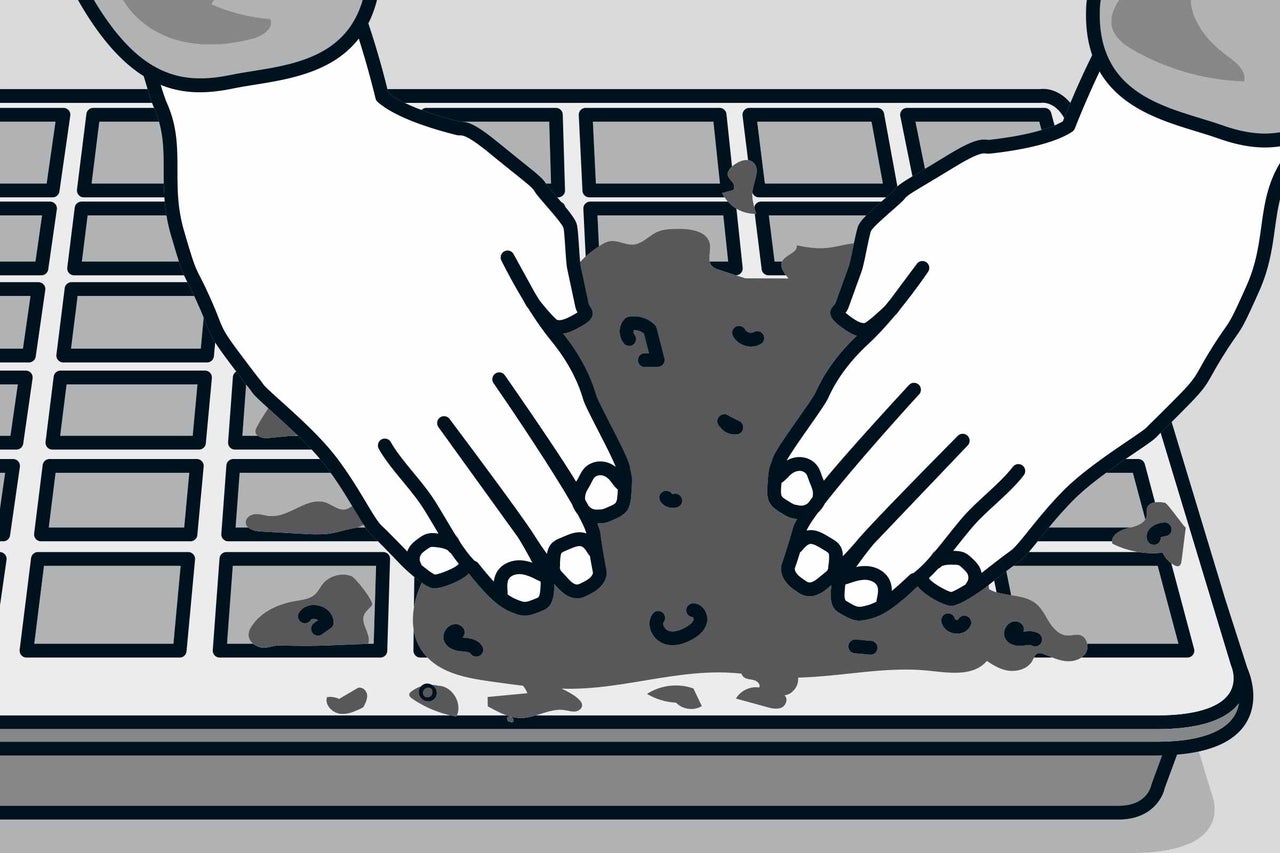 Illustration einer Person, die Erde in eine Anzuchtplatte füllt.