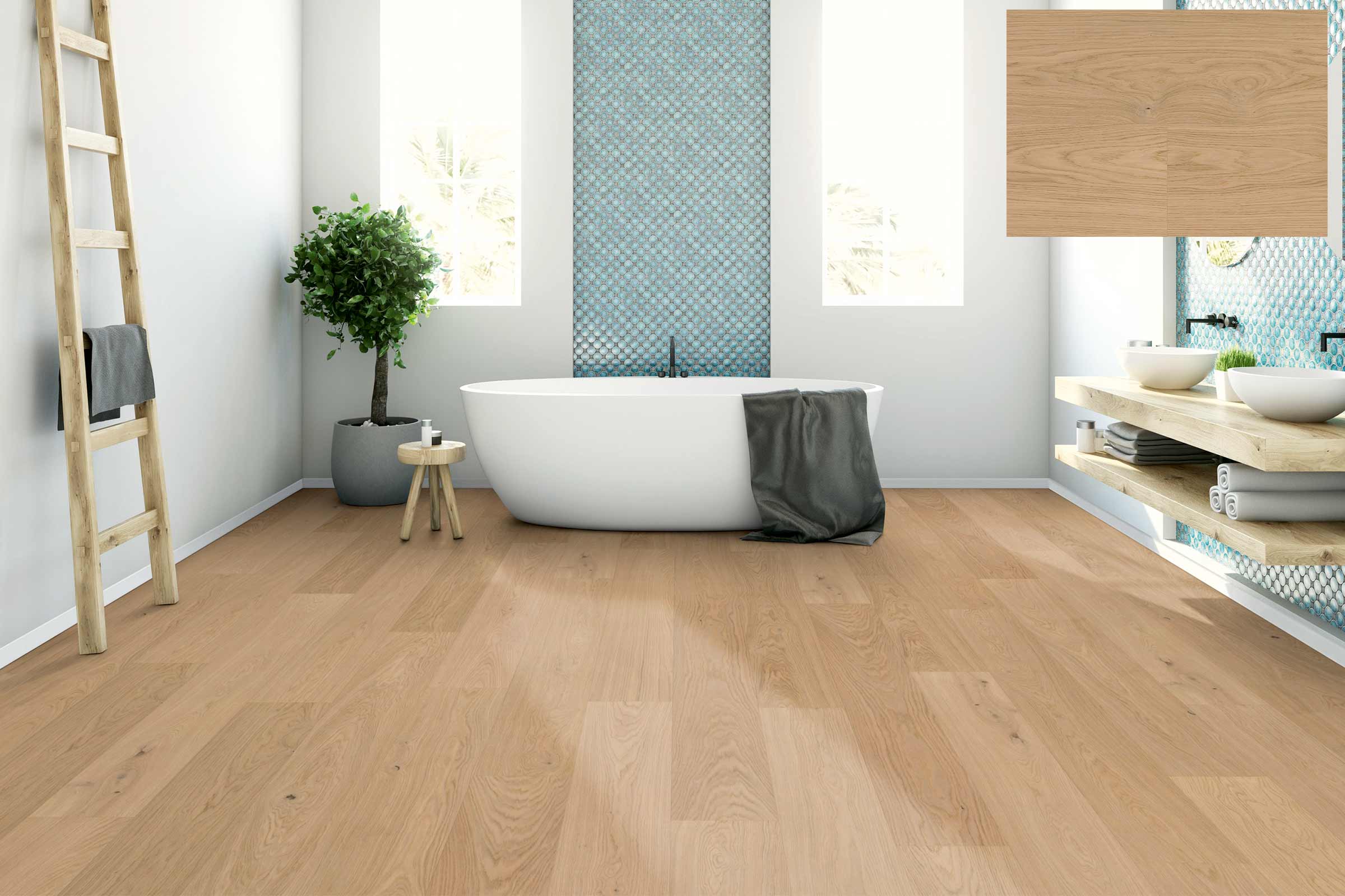 Salle de bains lumineuse avec baignoire, plancher en bois et échelle décorative