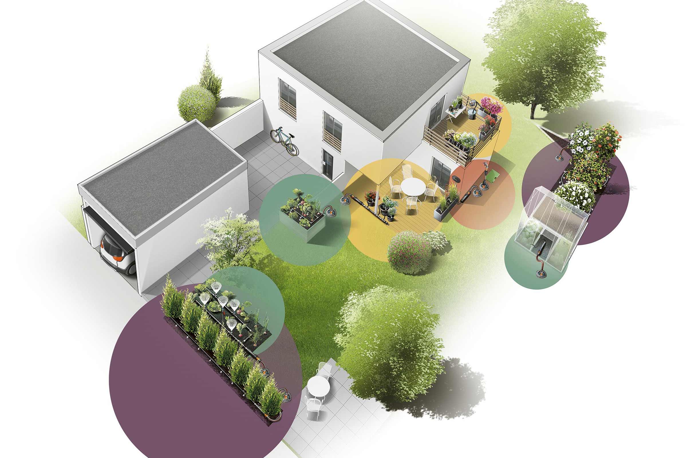 Illustration eines modernen Hauses mit Gartenbewässerungssystem und Zubehör