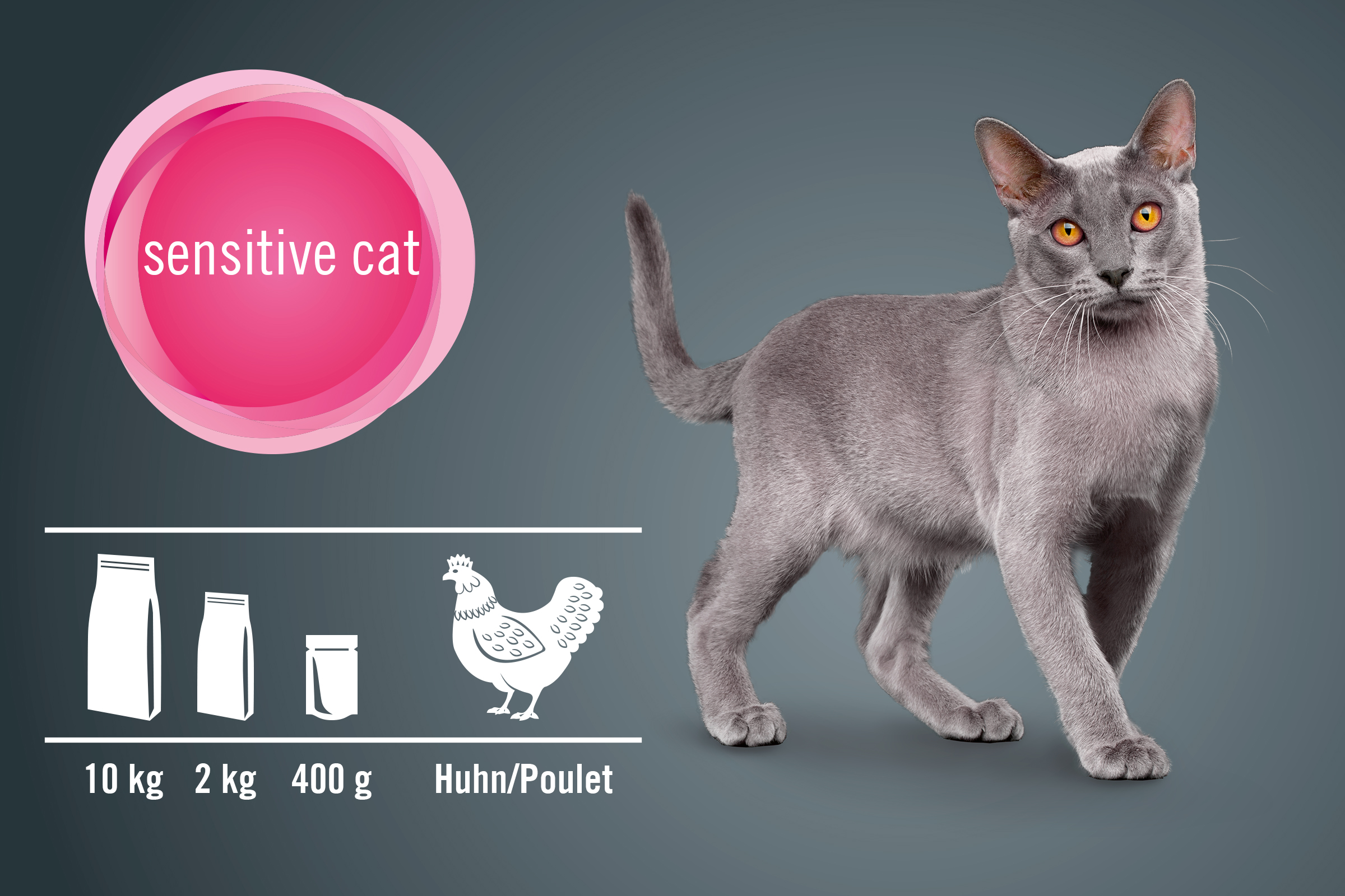 Katzenfutter für sensible Katzen mit Huhn in Packungen von 10 kg, 2 kg und 400 g