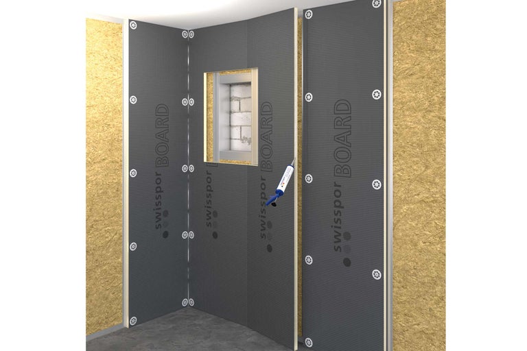 Installation de panneaux isolants Swissspor Board dans la salle de bain