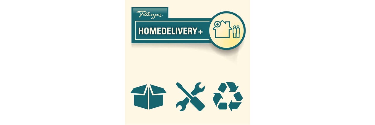 Pflanzer Homedelivery Plus Symbol mit Karton, Schraubenschlüssel und Schraubendreher und Recyclingsymbol
