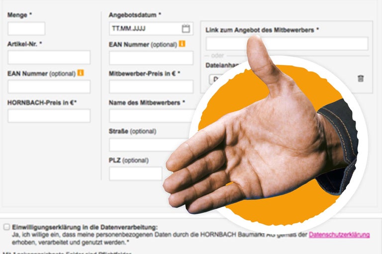 Formulaire en ligne pour signaler un prix chez Hornbach avec une main sur l'image