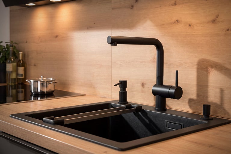 Moderne schwarze Küchenspüle mit passender Einhebel Küchenarmatur in einer hellen Holzküchenarbeitsplatte mit integriertem Seifenspender.