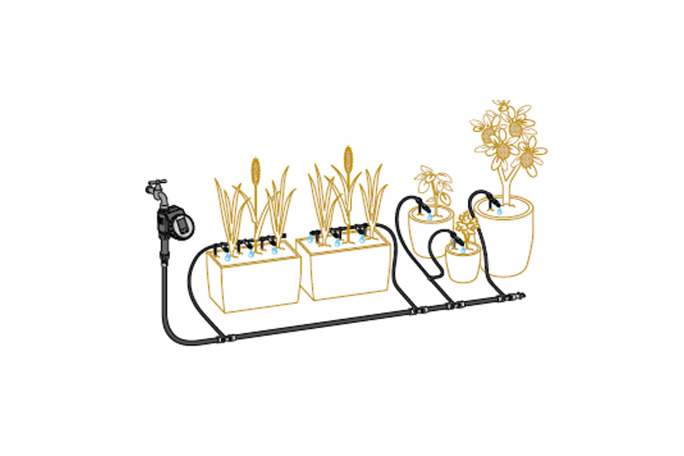 Automatische Bewässerungsanlage für Pflanzen in Töpfen und Blumenkästen