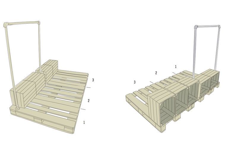 Illustration d'un jardin surélevé en bois de palette avec marquages pour les dimensions