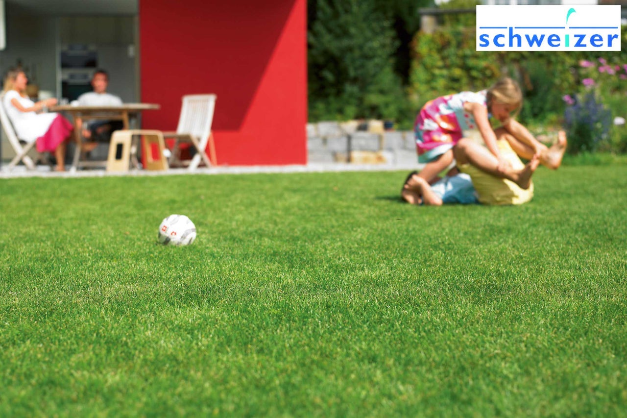 Jardin avec pelouse, enfants qui jouent et ballon de foot