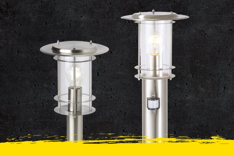 Zwei Edelstahl-Aussenleuchten mit Bewegungsmelder und Glühbirne