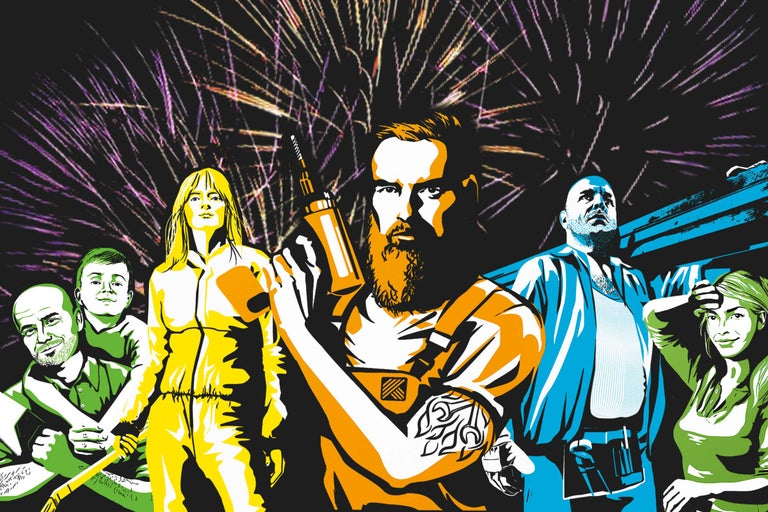 Illustration von Bauarbeitern und Handwerkern vor einem Feuerwerkshintergrund