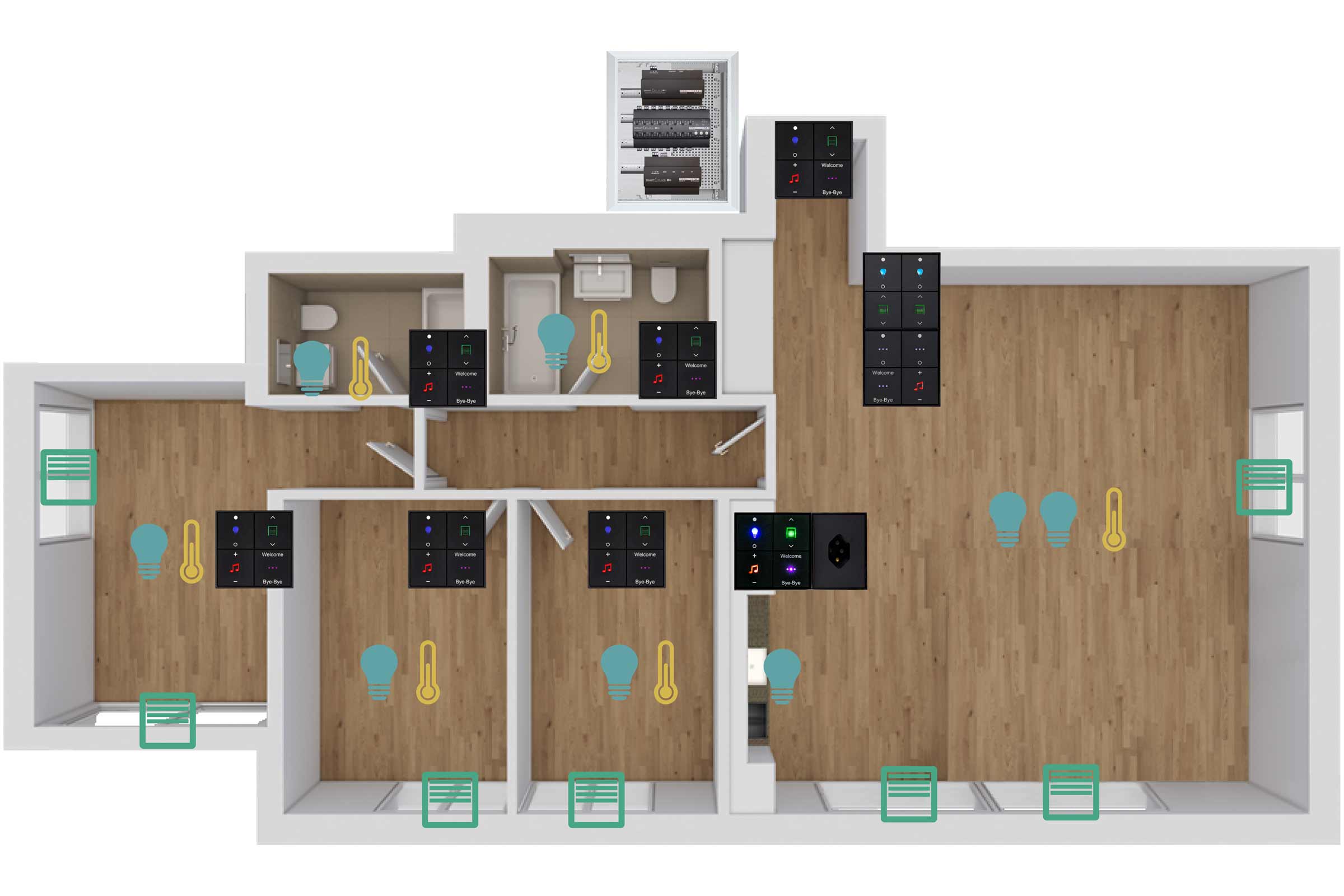 Grundriss eines Hauses mit Darstellung von Smart Home Elementen wie Lichtschaltern, Jalousien und Temperaturreglern