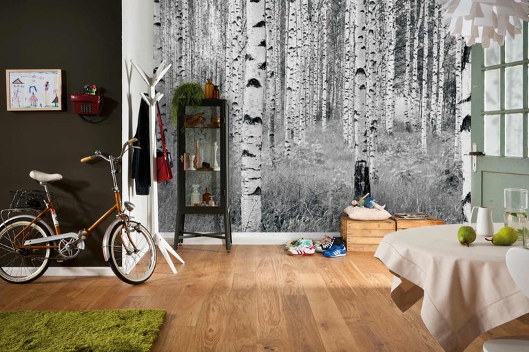 Pièce à vivre avec papier peint forêt de bouleaux, vélo, commode et table à manger.