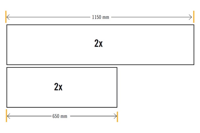 Dimensions du produit avec 2 pièces de 1150 mm et 2 pièces de 650 mm