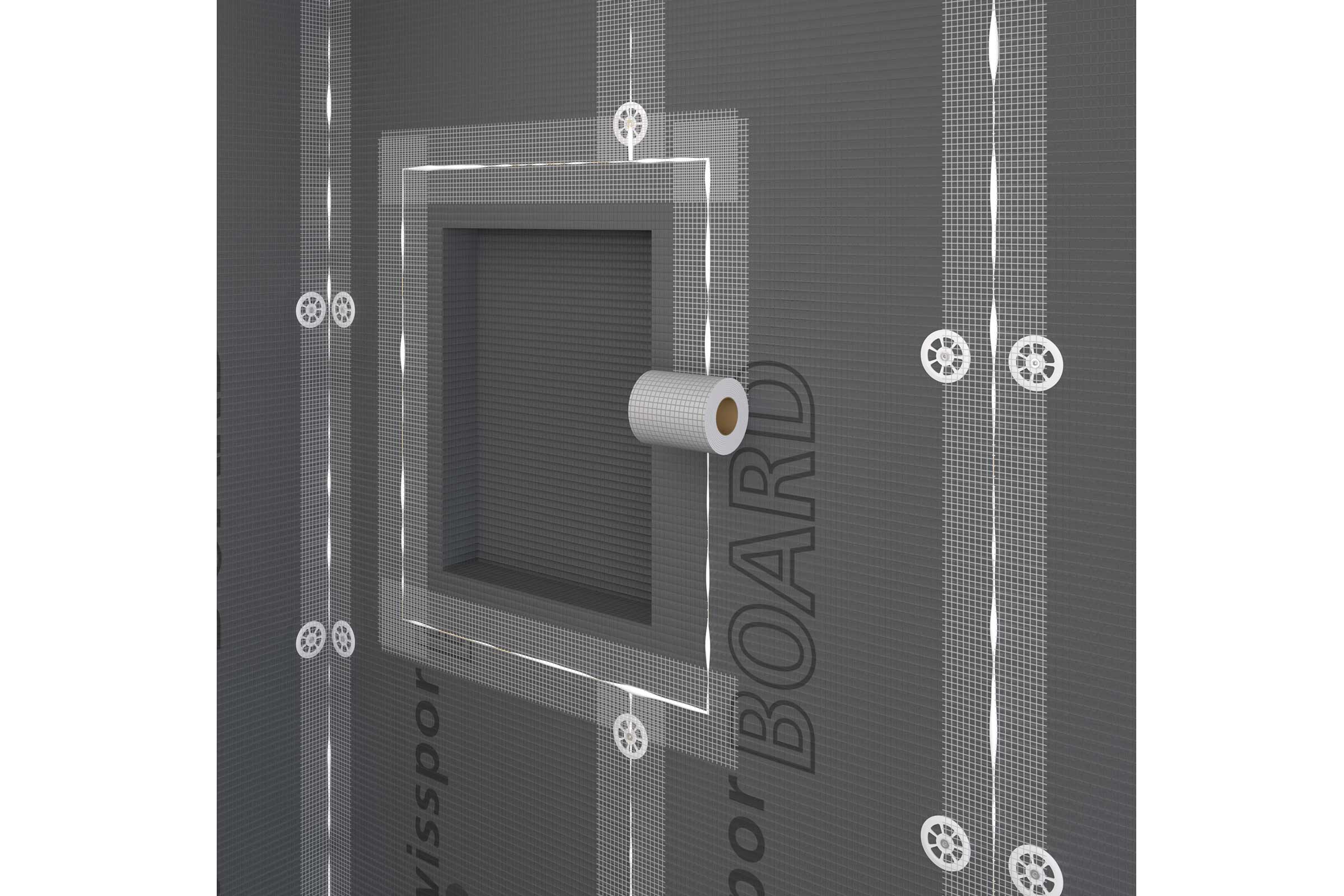Montageelement für eine Badezimmernische mit Dichtband und Dichtmanschette