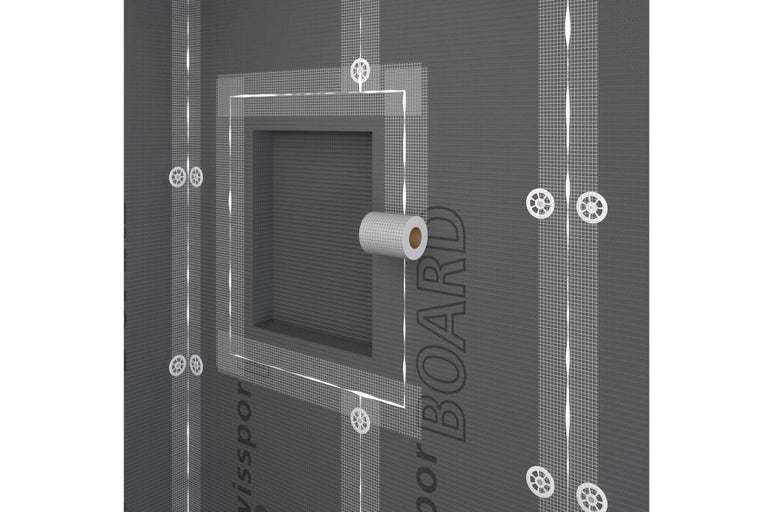 Élément de montage pour une niche de salle de bains avec bande d'étanchéité et manchette d'étanchéité