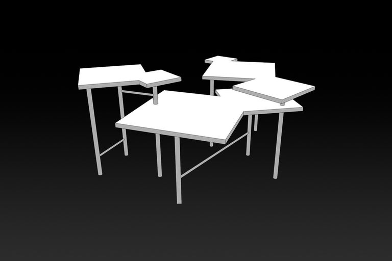 Illustration de plusieurs petites tables avec pieds en métal et plateaux de table décalés