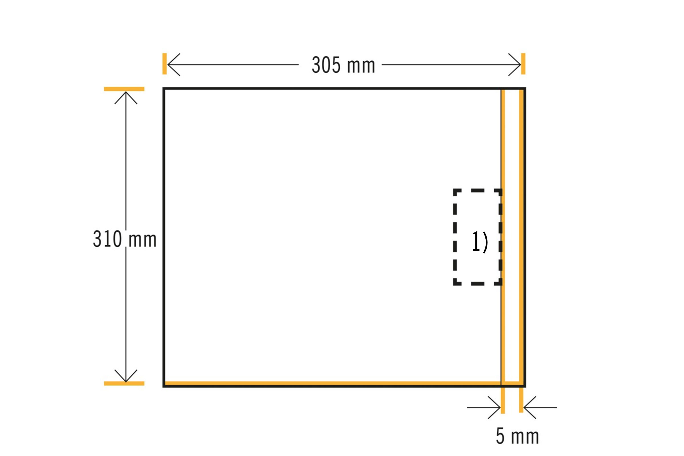 Diagramme indiquant les dimensions : 305 mm de largeur, 310 mm de hauteur et 5 mm de profondeur