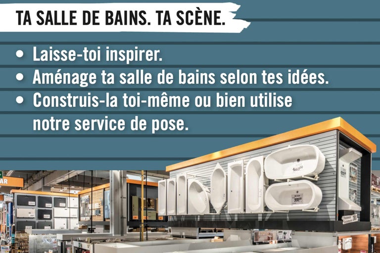 Exposition de salles de bains chez Hornbach avec diverses baignoires et meubles pour l'inspiration et informations sur le service de pose.