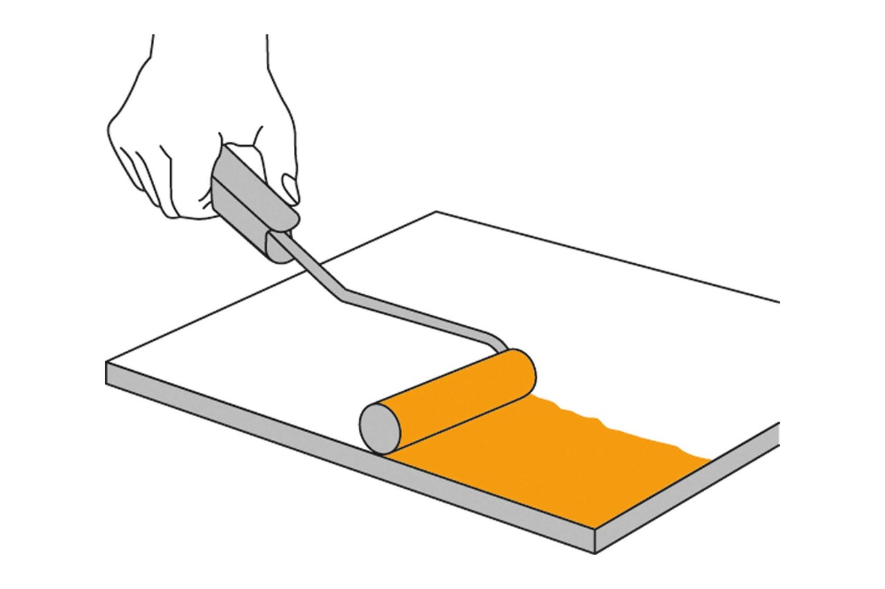 Illustration einer Hand, die mit einer Farbwalze eine Oberfläche streicht
