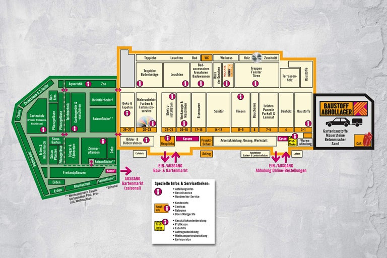 Plan du magasin de construction et de jardinage Hornbach avec différents rayons tels que jardin, construction, habitat et sanitaire