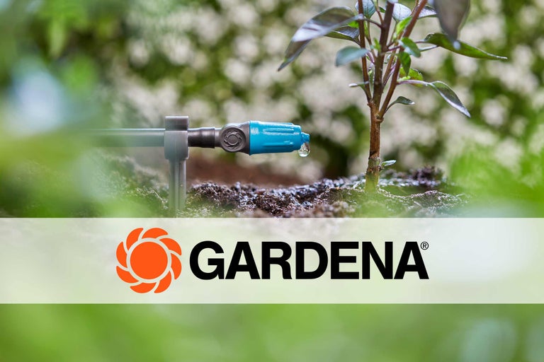 Logo Gardena avec système Micro-Drip pour l'irrigation des plantes dans le jardin.