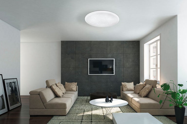 Modernes Wohnzimmer mit Deckenleuchte, Sofas und Dekor