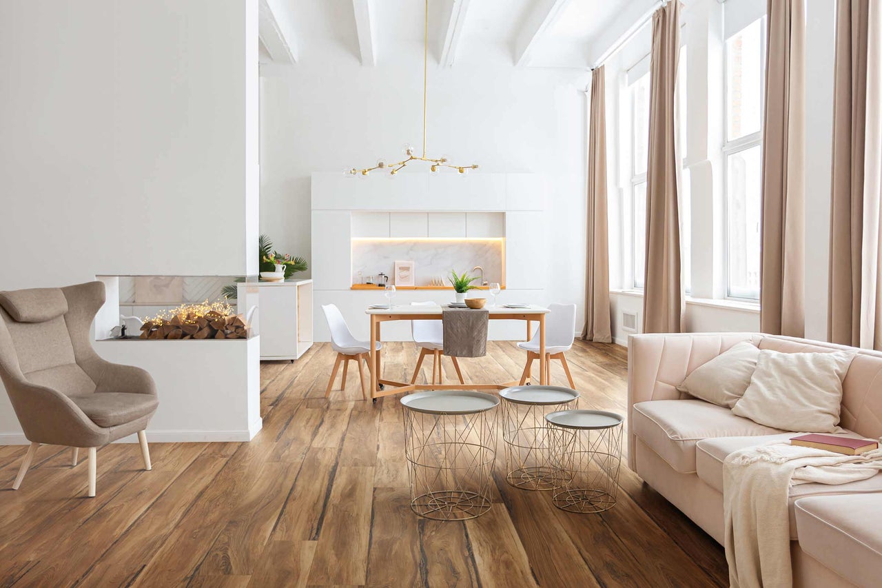 Salon lumineux avec parquet, table à manger, canapé, fauteuil et cheminée
