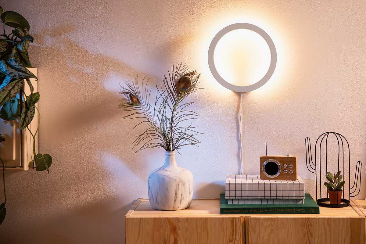 Applique murale, décoration avec plumes, radio et plantes sur une armoire en bois