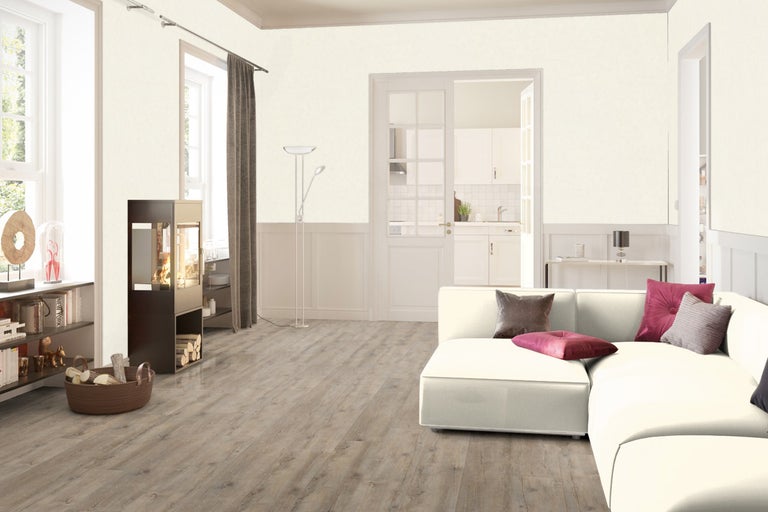 Salon lumineux avec canapé, poêle et parquet