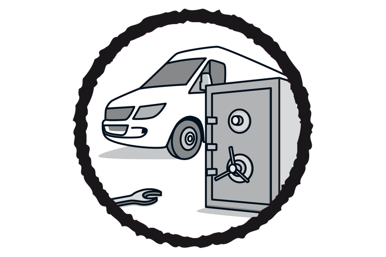 Symbole pour le service d'installation d'urgence 24h/24 avec camionnette, coffre-fort et clé à molette