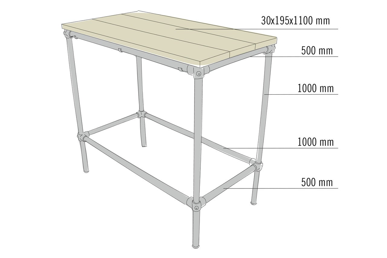 Table avec plateau en bois et structure en métal, dimensions : 30 x 195 x 1100 mm