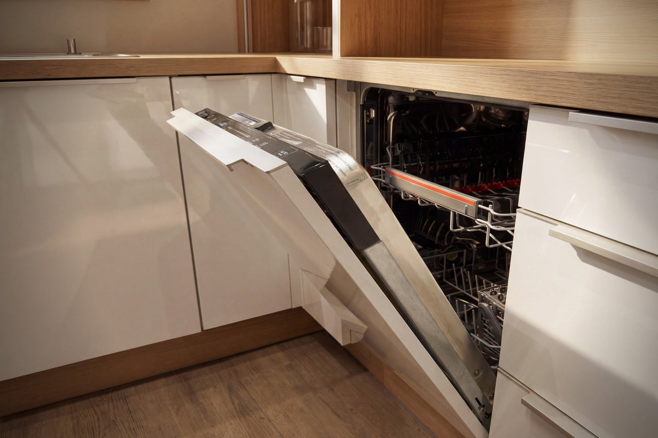 Cuisine équipée moderne avec lave-vaisselle semi-intégré porte ouverte sous un plan de travail en bois.