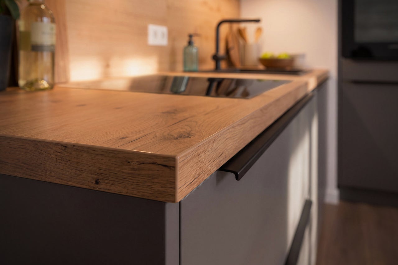 Moderne Einbauküche mit Arbeitsplatte in Holzoptik und dunklen Fronten sowie schwarzem Induktionskochfeld.