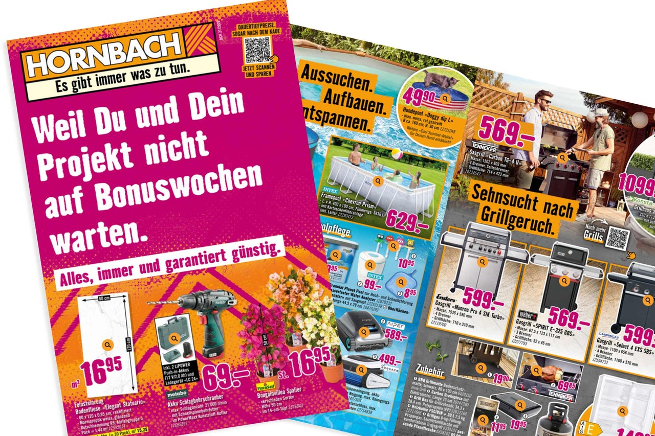 Werbeflyer von Hornbach mit verschiedenen Produkten wie Bodenfliesen, Akku-Schlagbohrschraubern, Gartenpflanzen, Swimmingpools und Gasgrills.