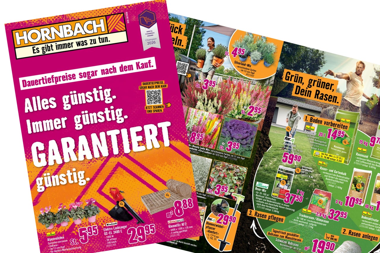Hornbach Werbeprospekt mit Angeboten für Pflanzen, Gartentechnik, Rasenpflege, Bodenbearbeitung und Dämmmaterial mit Preisen und Produktinfos.