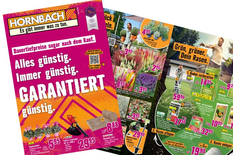 Hornbach Werbeprospekt mit Angeboten für Pflanzen, Gartentechnik, Rasenpflege, Bodenbearbeitung und Dämmmaterial mit Preisen und Produktinfos.