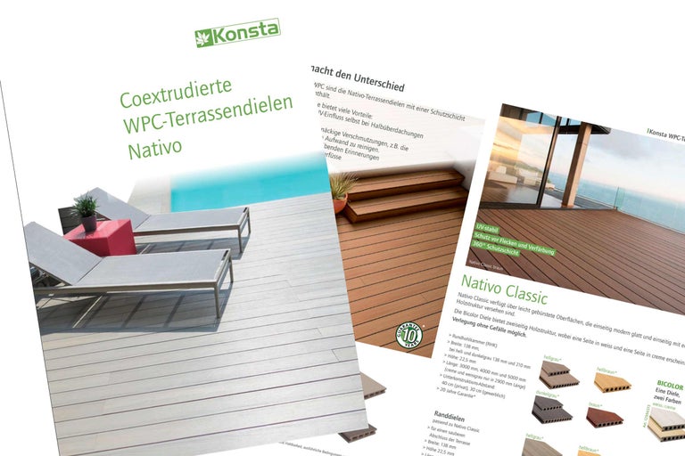 Informationsmaterial für Konsta Nativo co-extrudierte WPC-Terrassendielen mit Konsta Logo, Gestaltungsbeispielen und technischen Produktdaten.
