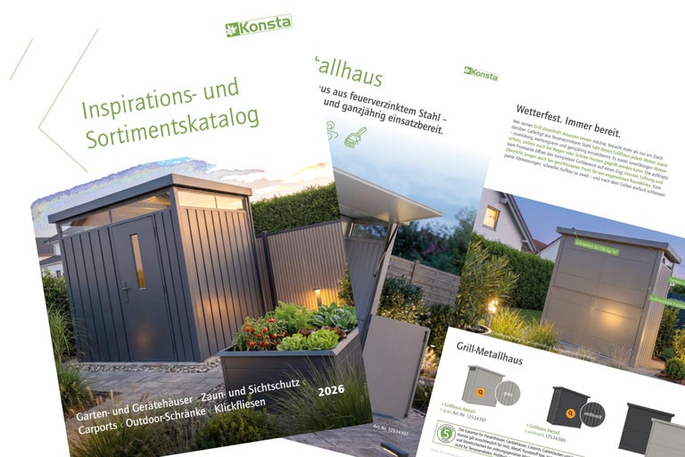 Konsta Inspirations- und Sortimentskatalog 2026 für Gartenhäuser, Gerätehäuser, Zäune, Sichtschutz, Carports, Outdoorschränke und Klickfliesen.