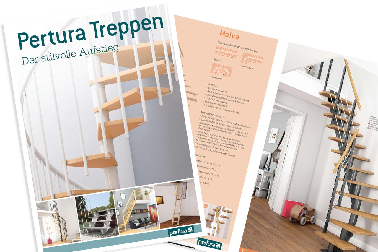 Broschüre für Pertura Treppen mit verschiedenen Modellen wie Wendeltreppen und geraden Treppen aus Massivholz mit Metallgeländern.