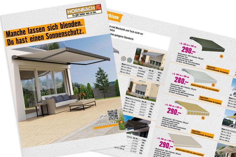 Hornbach Logo, Markisen-Werbematerial mit Terrassenszene unter grauer Gelenkarmmarkise sowie Katalogseiten mit Modellen und Preislisten.