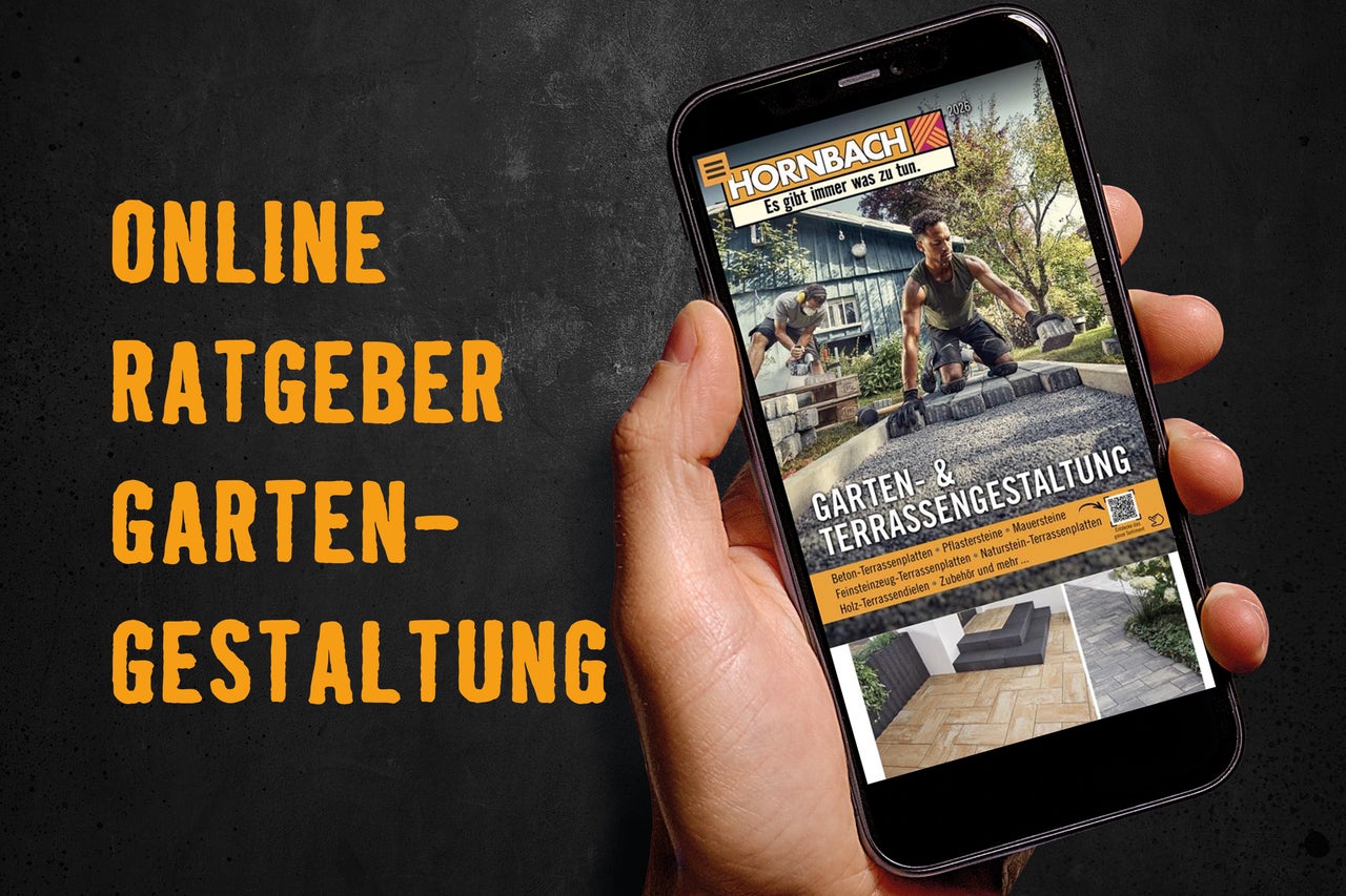Ein Smartphone zeigt den Online-Ratgeber Gartengestaltung von Hornbach.
