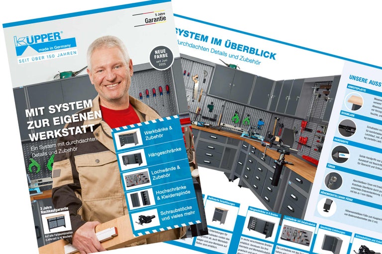 Katalogabbildung von Küpper Werkstatteinrichtungen mit Werkbänken, Schränken, Lochwänden und Zubehör.