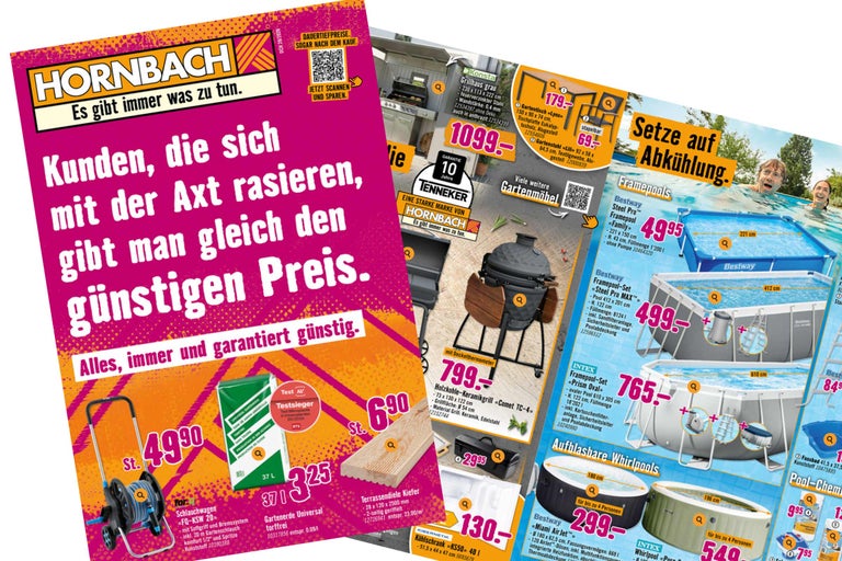 Hornbach Prospektseiten mit Gartenprodukten wie Pools, Grills, Gartenmöbeln, Blumenerde und Schlauchwagen inklusive Preisen.