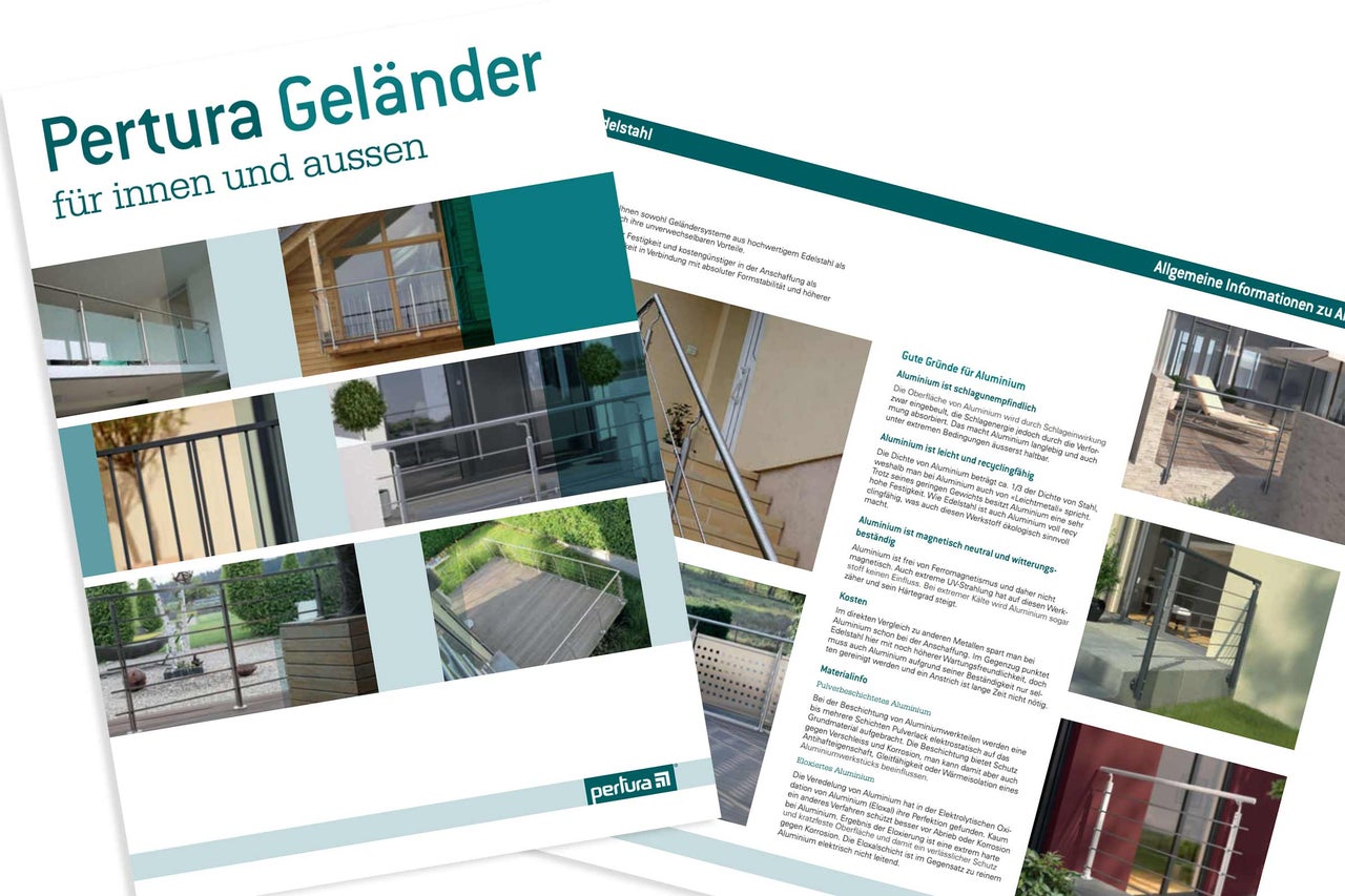 Pertura Informationsbroschüre für Geländer im Innenbereich und Außenbereich mit verschiedenen Modellen aus Aluminium und Edelstahl.