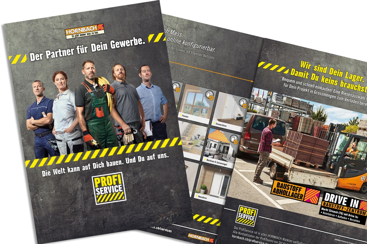 Hornbach Werbebroschüre für ProfiService mit Handwerkern und Informationen zum Baustoffabholager und Drive In Bereich.