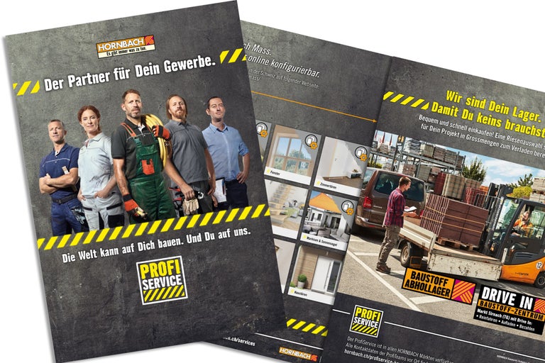 Hornbach Werbebroschüre für ProfiService mit Handwerkern und Informationen zum Baustoffabholager und Drive In Bereich.