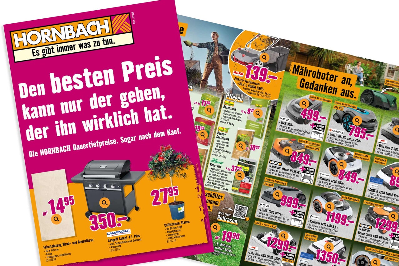 Hornbach Prospekt mit Gartenangeboten wie einem Gasgrill, Rasenpflegeprodukten und verschiedenen Mährobotern.