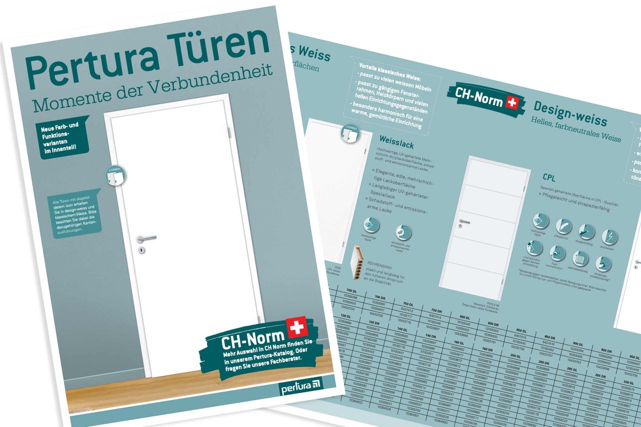 Katalogseite für Pertura Innentüren mit Oberflächen in Weisslack und CPL, Fokus auf Produkte nach Schweizer Norm. Pertura Logo.