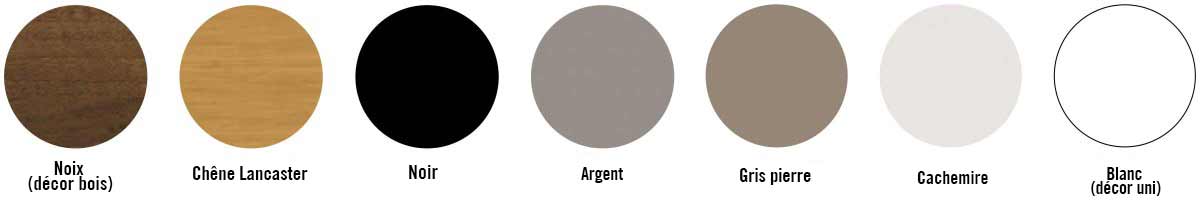Aperçu des couleurs : Noyer décor bois, Chêne Lancaster, Noir, Argent, Gris pierre, Cachemire, Blanc